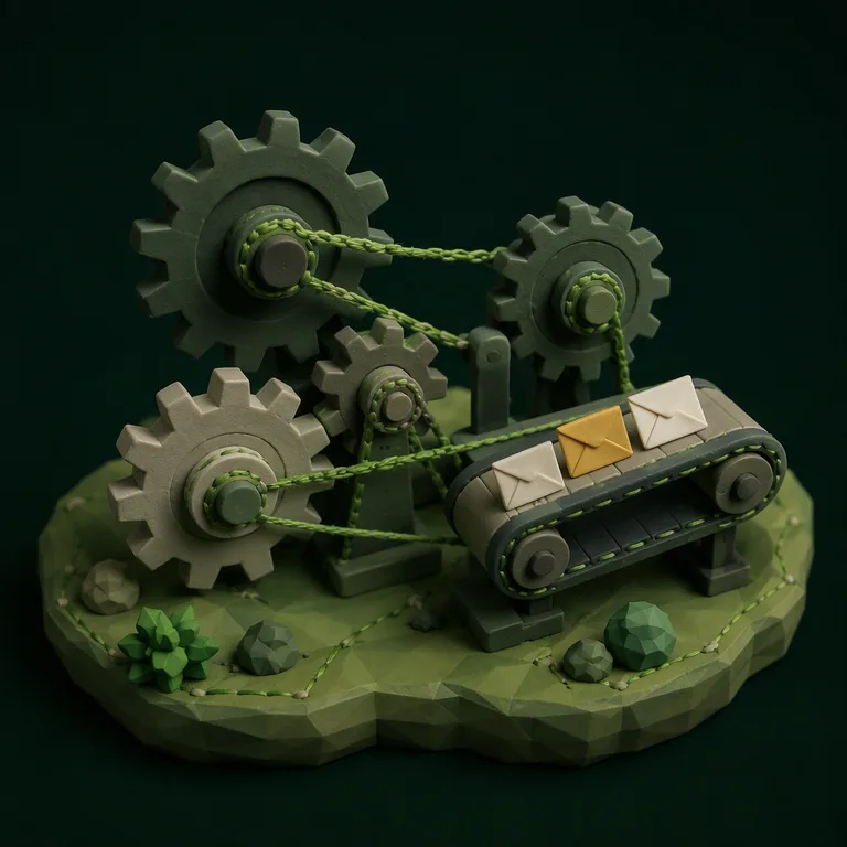 Clay diorama of gears and a conveyor belt linked by thread