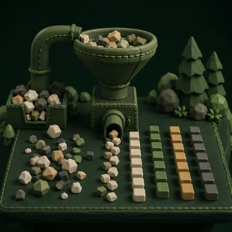 Clay diorama of a funnel sorting lumps into ordered cubes