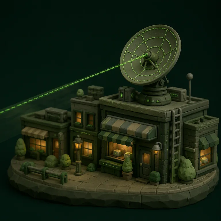 Clay diorama of a radar dish scanning a storefront street — SGO
