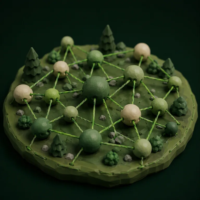 Clay diorama of a stitched graph network — Skein