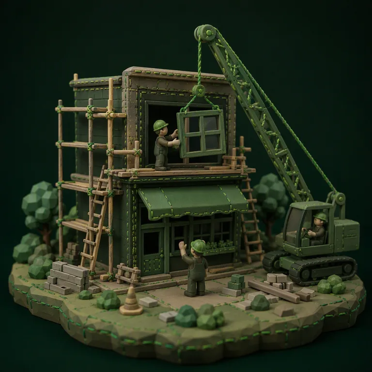 Clay diorama of a storefront under construction with a stitched crane
